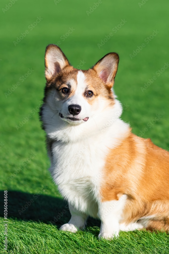 Pembroke Welsh Corgi puppy walks on a sunny day in a clearing with green grass. Sits and looks at the camera. Happy little dog. Concept of care, animal life, health, show, dog breed Pembroke Welsh Corgi puppy walks on a sunny day in a clearing with green grass. Sits and looks at the camera. Happy little dog. Concept of care, animal life, health, show, dog breed