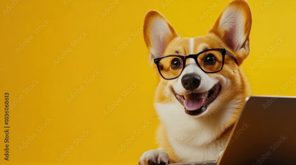 A happy corgi dog with glasses is working on a laptop at a desk on a yellow background. A happy corgi dog with glasses is working on a laptop at a desk on a yellow background.