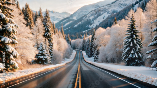 Snow-covered scenic road winding through winter pine forest with mountains in background