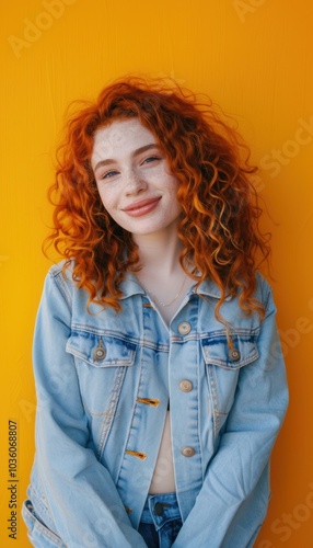 Cheerful Portrait of Young Woman with Curly Red Hair Against Vibrant Yellow Background