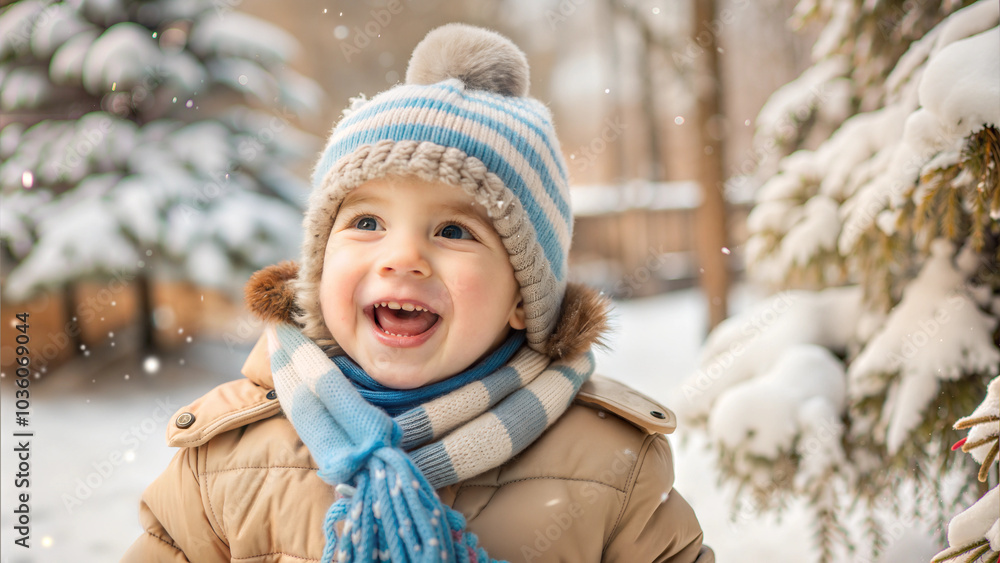 Happy child in winter hat and scarf enjoying snow-covered outdoor park during festive season Happy child in winter hat and scarf enjoying snow-covered outdoor park during festive season