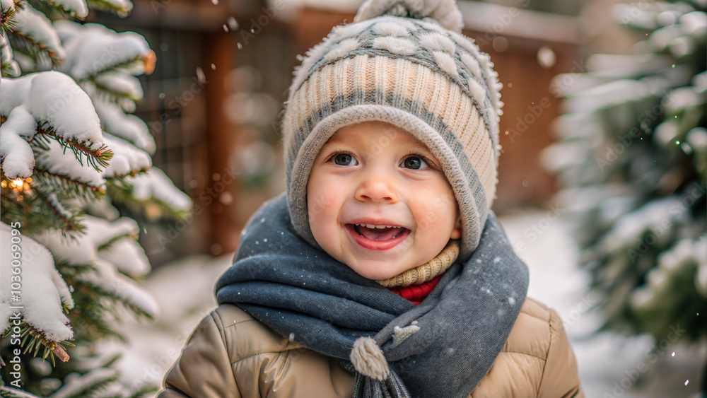 Smiling child in cozy winter hat and scarf standing by snowy Christmas tree outdoors Smiling child in cozy winter hat and scarf standing by snowy Christmas tree outdoors
