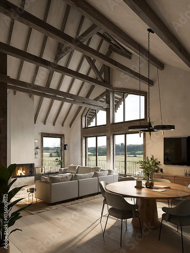 Farm house luxury style living room with a fireplace and a sconce hanging from the ceiling. Generative AI.