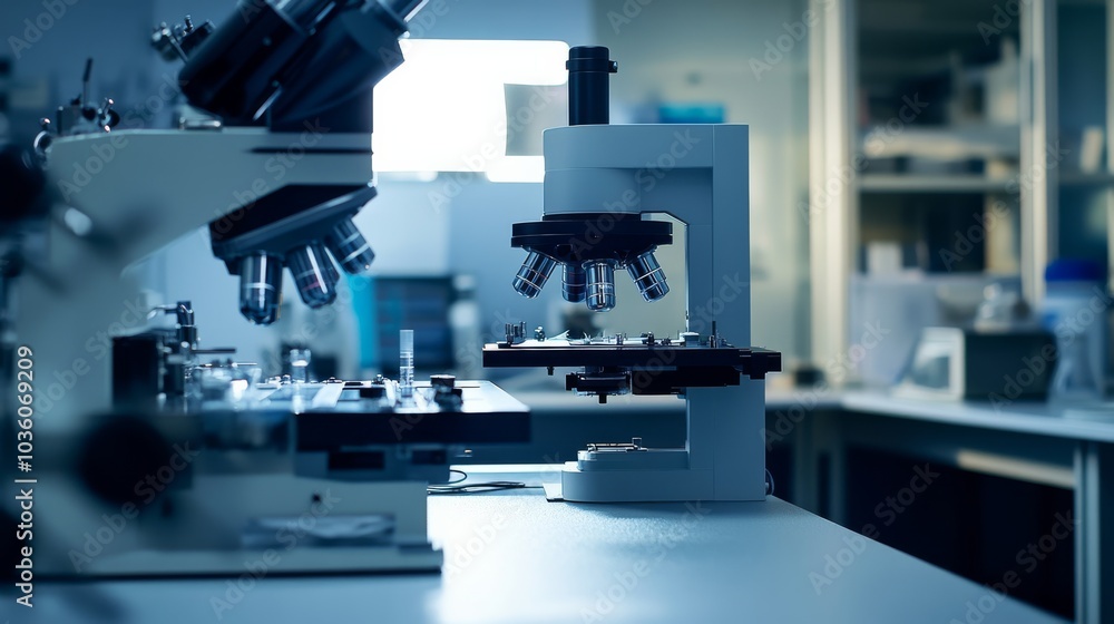 A detailed nanotechnology research lab, sterile environment with microscopic equipment, Precision style A detailed nanotechnology research lab, sterile environment with microscopic equipment, Precision style