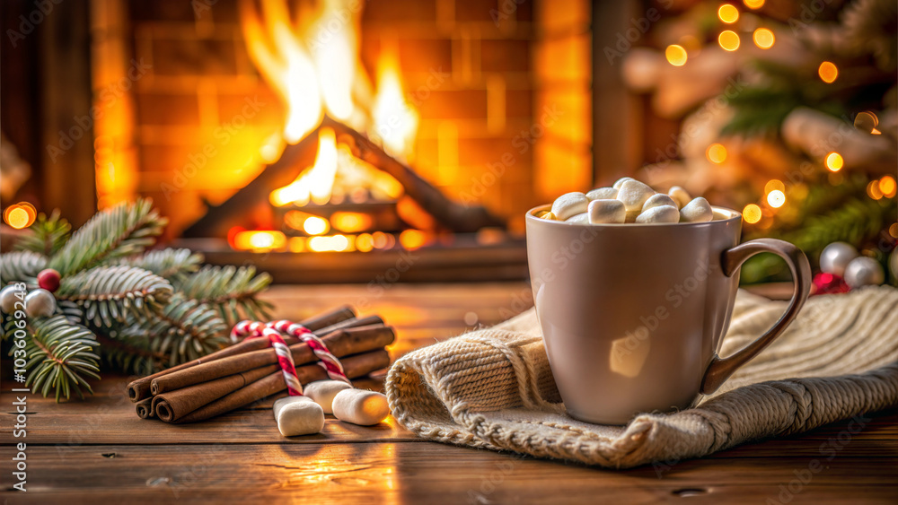 Hot chocolate with marshmallows by cozy fireplace surrounded by Christmas decor on winter night Hot chocolate with marshmallows by cozy fireplace surrounded by Christmas decor on winter night