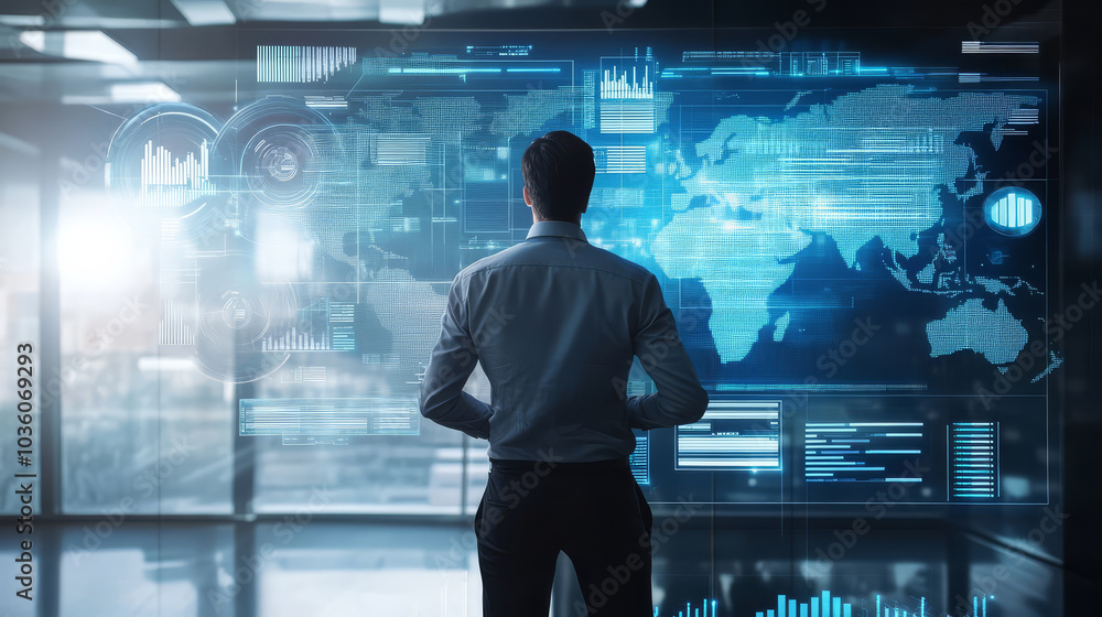 man stands in front of large digital screen displaying world map and data visualizations in modern office setting, conveying sense of innovation and technology man stands in front of large digital screen displaying world map and data visualizations in modern office setting, conveying sense of innovation and technology