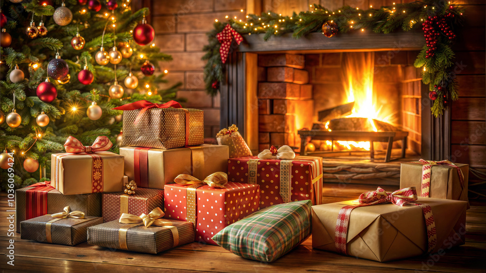 Christmas gifts by cozy fireplace with decorated Christmas tree and festive holiday atmosphere Christmas gifts by cozy fireplace with decorated Christmas tree and festive holiday atmosphere