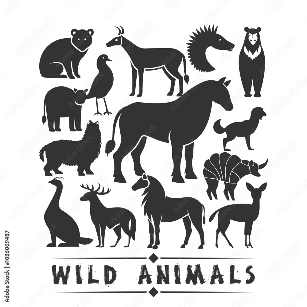 Fototapeta premium Vector black silhouette illustration set of wild forest animals