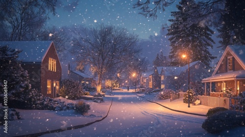 The cozy neighborhood is blanketed in fresh snow as gentle flakes fall from the sky. Street lamps illuminate the scene, highlighting quaint homes and the serene beauty of winter at dusk.