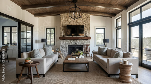 Farm house luxury style living room with a fireplace and a sconce hanging from the ceiling. Generative AI.