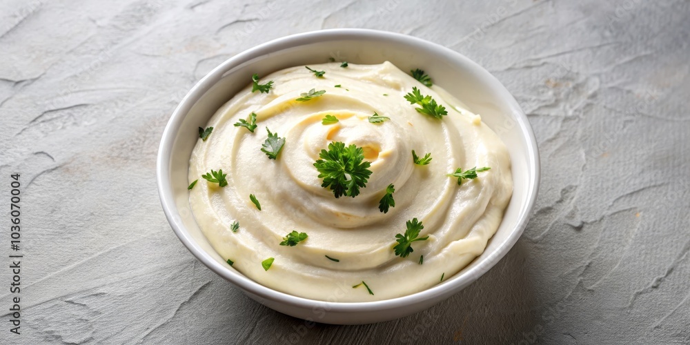 Top View of Creamy Mashed Potatoes in White Bowl with Parsley Garnish, mashed potatoes, side dish, creamy Top View of Creamy Mashed Potatoes in White Bowl with Parsley Garnish, mashed potatoes, side dish, creamy