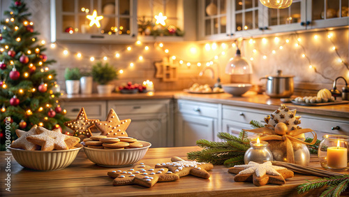 Christmas baking preparations in cozy kitchen with holiday decorations and warm lights