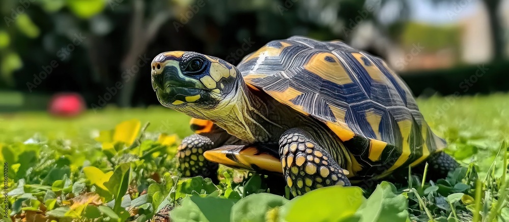 A yellow-footed tortoise walks through a lush grassy field. A yellow-footed tortoise walks through a lush grassy field.