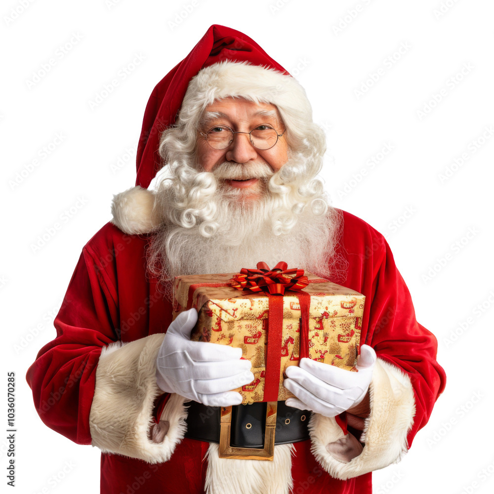 Santa Claus with gift boxes chrismas and chrismas tree isolated on transparent or white background Santa Claus with gift boxes chrismas and chrismas tree isolated on transparent or white background