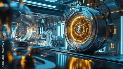 A time machine in a high-tech lab, with scientists preparing for a journey to the past. photo