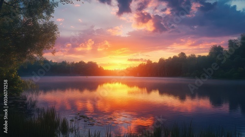 A vibrant sunset over a tranquil lake with reflections.