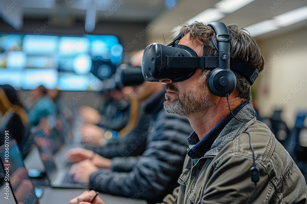 A group of individuals wearing virtual reality headsets participates in an immersive training session within a technologically equipped classroom A group of individuals wearing virtual reality headsets participates in an immersive training session within a technologically equipped classroom
