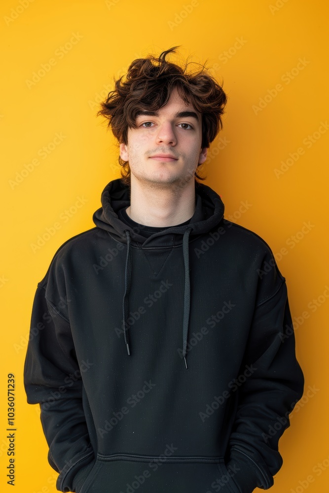 Casual Young Man with Wavy Hair Against Vivid Yellow Background for Fashion or Lifestyle Casual Young Man with Wavy Hair Against Vivid Yellow Background for Fashion or Lifestyle