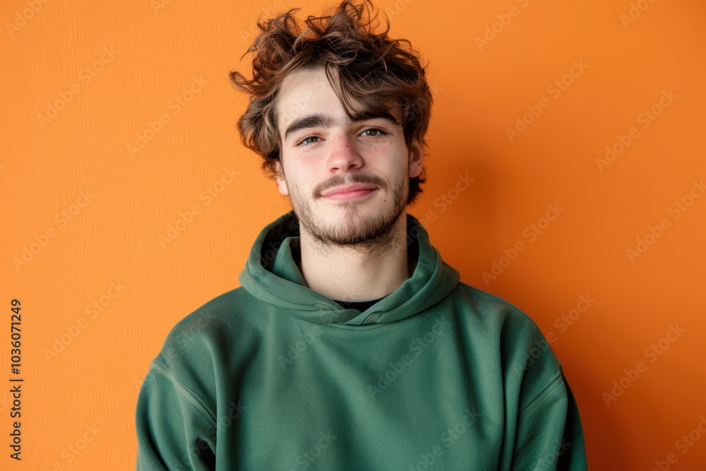 Obraz premium Casual Young Man in Green Hoodie Against Bright Orange Background for Contemporary Portrait Design