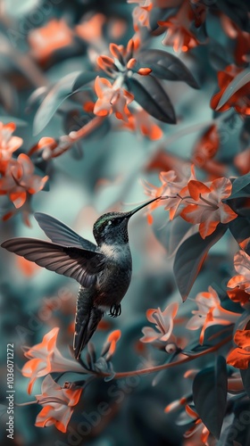 Flying in a tree is a hummingbird generative AI photo