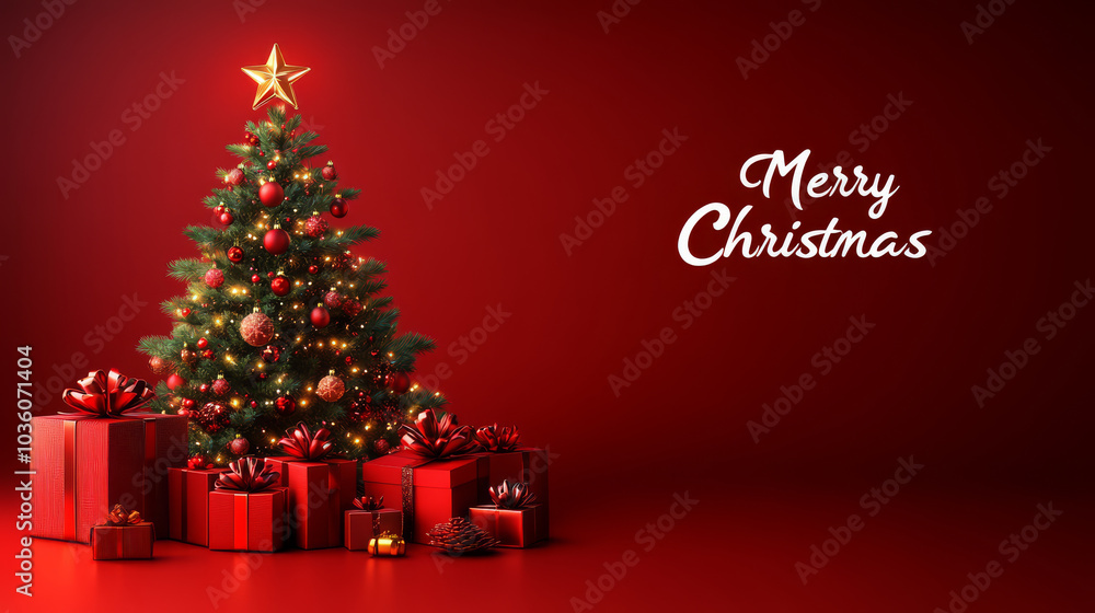 beautifully decorated Christmas tree with glowing lights and star on top stands surrounded by red gift boxes against rich red background, evoking festive and joyful atmosphere beautifully decorated Christmas tree with glowing lights and star on top stands surrounded by red gift boxes against rich red background, evoking festive and joyful atmosphere