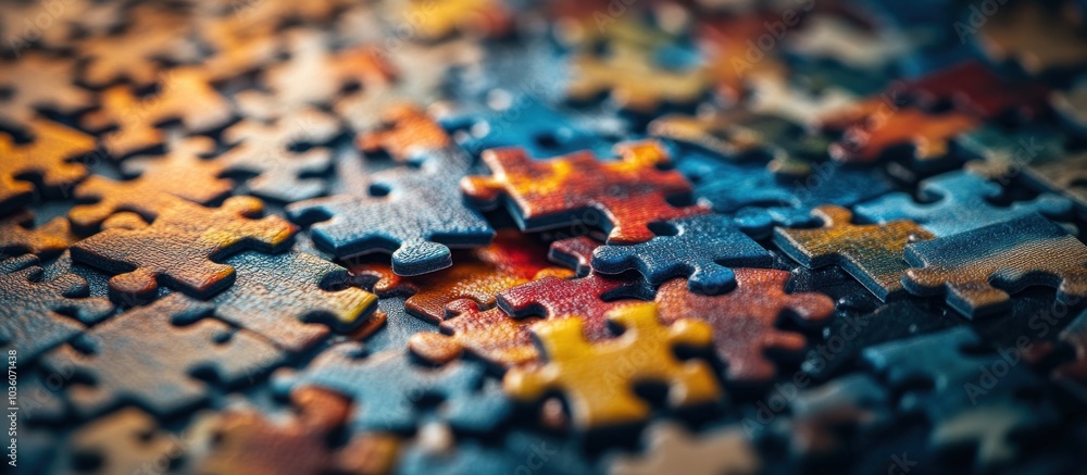 Close-up of a colorful jigsaw puzzle with pieces interlocked. Close-up of a colorful jigsaw puzzle with pieces interlocked.