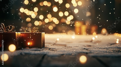  A few gifts rest atop a wooden floor beside a festive Christmas tree with twinkling lights in the backdrop