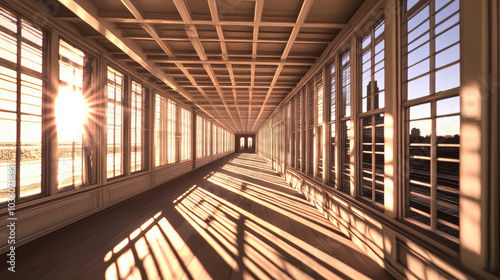 A long hallway with a lot of windows and a sun shining through them