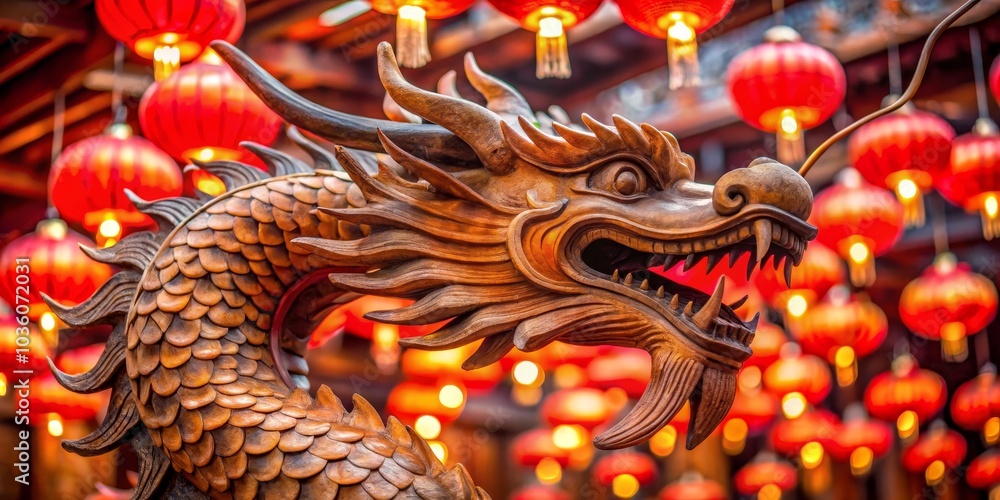 Obraz premium Wooden Dragon Statue with Red Lanterns, Chinese New Year, Asia, Tradition