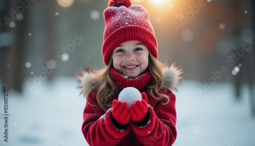 Little girl in red winter clothes standing on snowy background and holds snow ball in hands