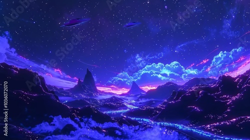 A grainy blue and purple sky dotted with stars calling to mind the backdrop of a spacethemed video game from the 80s