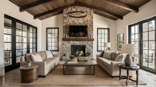 Farm house luxury style living room with a fireplace and a sconce hanging from the ceiling. Generative AI.