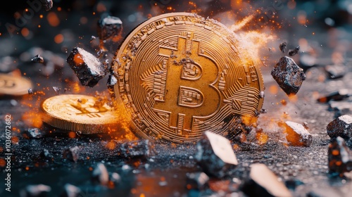 btc breaking with an explosion, end of bitcoin, bitcoin halving 2024, breaking bitcoin in half, halving concept, btc breaking photo