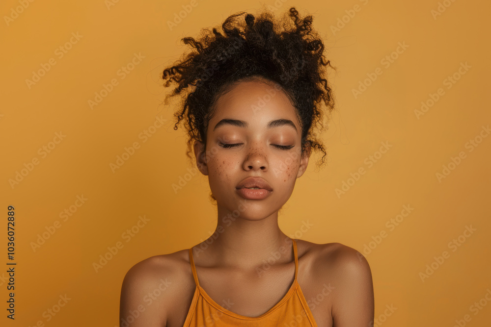 Serene Young Woman Against Minimalist Yellow Background for Tranquility-Inspired Designs Serene Young Woman Against Minimalist Yellow Background for Tranquility-Inspired Designs
