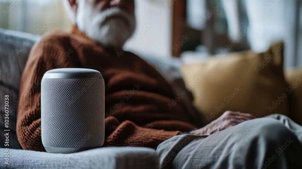Close-up of a wireless speaker in front of an elderly man sitting on a sofa - representing the integration of smart home technology for senior citizens. Close-up of a wireless speaker in front of an elderly man sitting on a sofa - representing the integration of smart home technology for senior citizens.