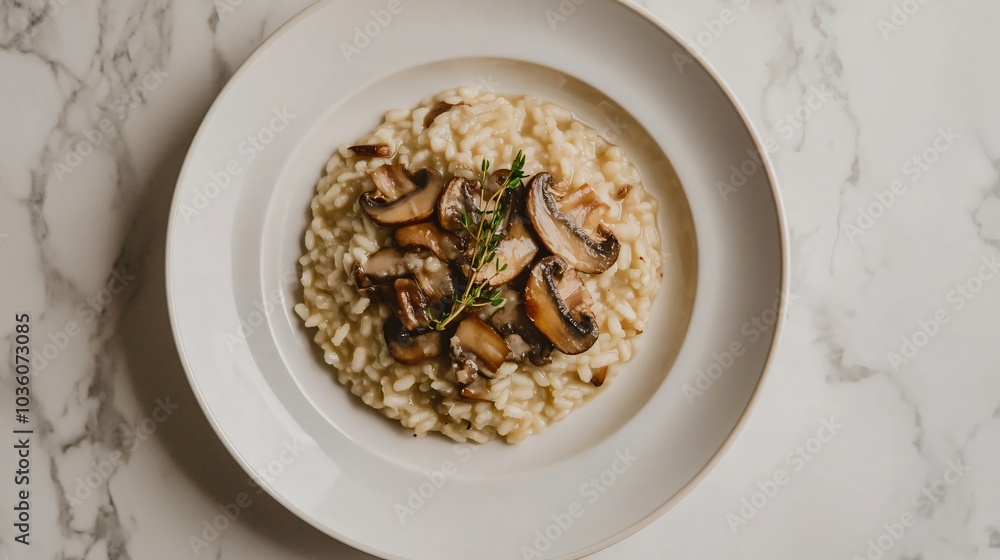A minimalist plate with a carefully arranged mushroom risotto, the focus on the subtle textures and earthy tones, with a simple, clean backdrop A minimalist plate with a carefully arranged mushroom risotto, the focus on the subtle textures and earthy tones, with a simple, clean backdrop