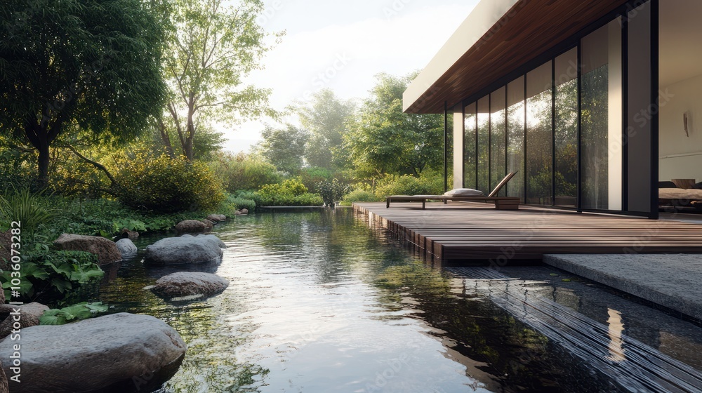 Contemporary Home with Wooden Deck and Pool, Modern Architecture in a Lush Garden Setting Contemporary Home with Wooden Deck and Pool, Modern Architecture in a Lush Garden Setting