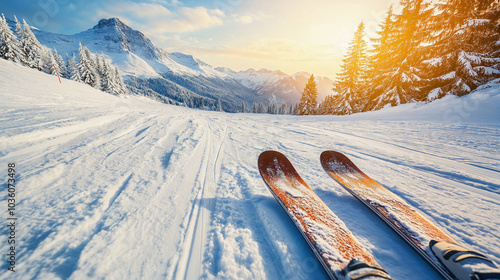 Skiing in beautiful sunny Austrian Alps on an empty piste on a sunny winter day photo