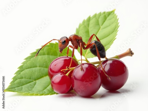 Ant eating berries from a red berry. honey bee, cherry, redcherries
 photo