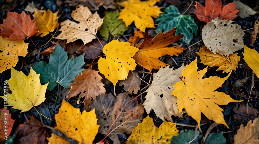 Obraz premium a colourful fallen leaves and dead leaves piled up on the ground