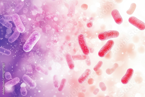 A white and red bacteria under the microscope background, light purple and soft pink color scheme.