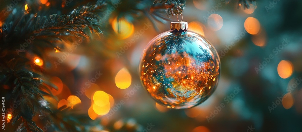 A shiny silver Christmas ornament reflecting the warm glow of Christmas lights on a Christmas tree. A shiny silver Christmas ornament reflecting the warm glow of Christmas lights on a Christmas tree.