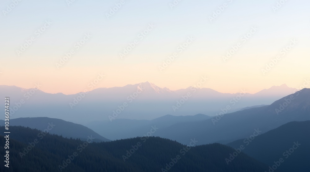 Fototapeta premium Sunrise over serene mountain ranges with misty valleys in the early morning light captured in a tranquil landscape