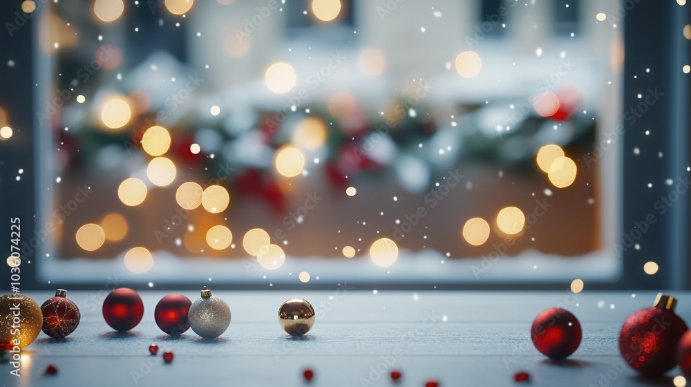 A Christmas scene with an array of ornaments on a table near a window and a hazy Christmas tree beyond it A Christmas scene with an array of ornaments on a table near a window and a hazy Christmas tree beyond it