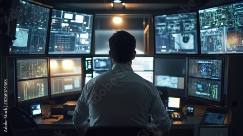 Focused male operator in white shirt monitoring multiple screens in a dark control room filled with high-tech equipment and security cameras