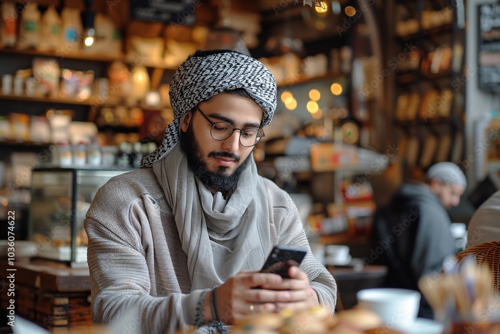 A young man dressed in traditional attire sits comfortably in a cozy cafe, focused on his smartphone while enjoying the ambient atmosphere created by warm lighting and nearby patrons A young man dressed in traditional attire sits comfortably in a cozy cafe, focused on his smartphone while enjoying the ambient atmosphere created by warm lighting and nearby patrons
