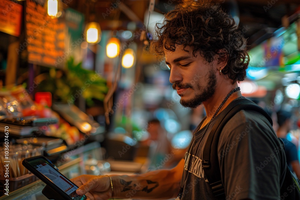 A young man stands in a lively night market, focused on using a tablet to place an order. Surrounding him are colorful stalls filled with food, creating a bustling atmosphere A young man stands in a lively night market, focused on using a tablet to place an order. Surrounding him are colorful stalls filled with food, creating a bustling atmosphere