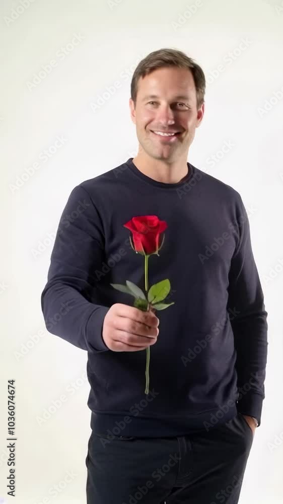 Man offering a red rose with a smile Man offering a red rose with a smile