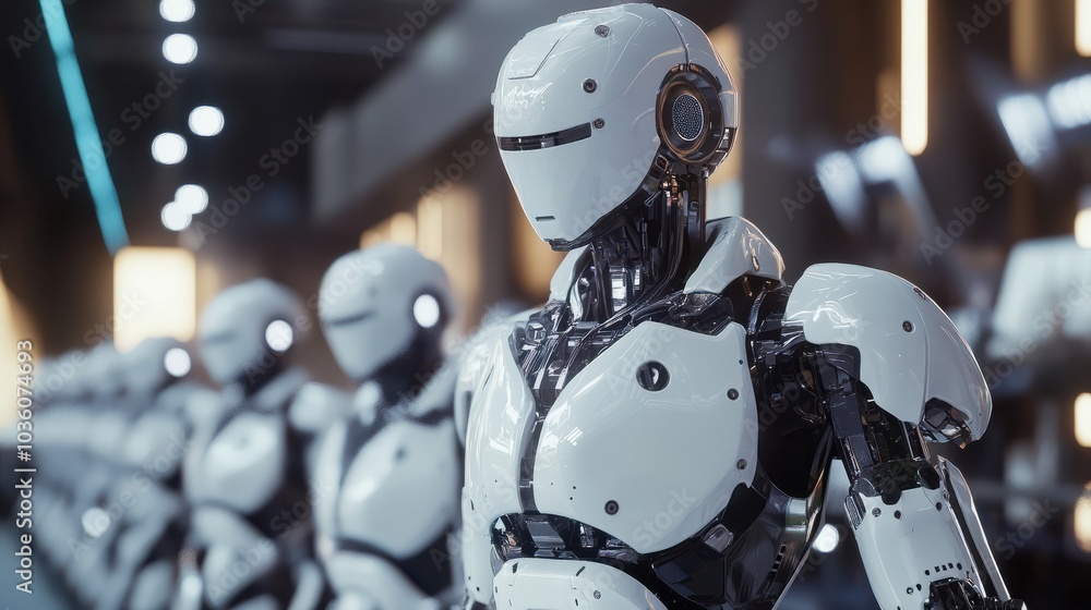 Fototapeta premium Futuristic robots working in an assembly line in a high-tech factory environment.