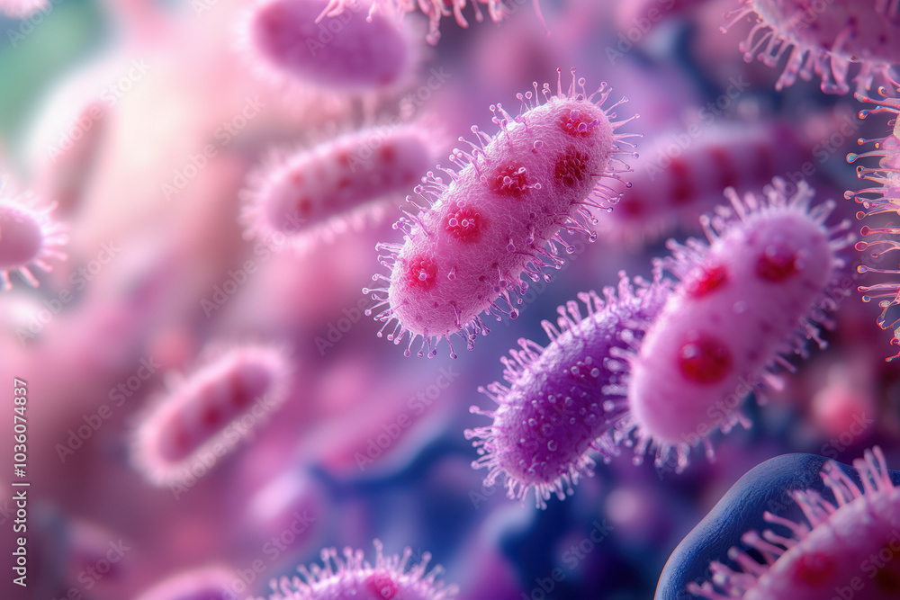 Close-up of delicate purple and pink microscopic bacteria. Close-up of delicate purple and pink microscopic bacteria.